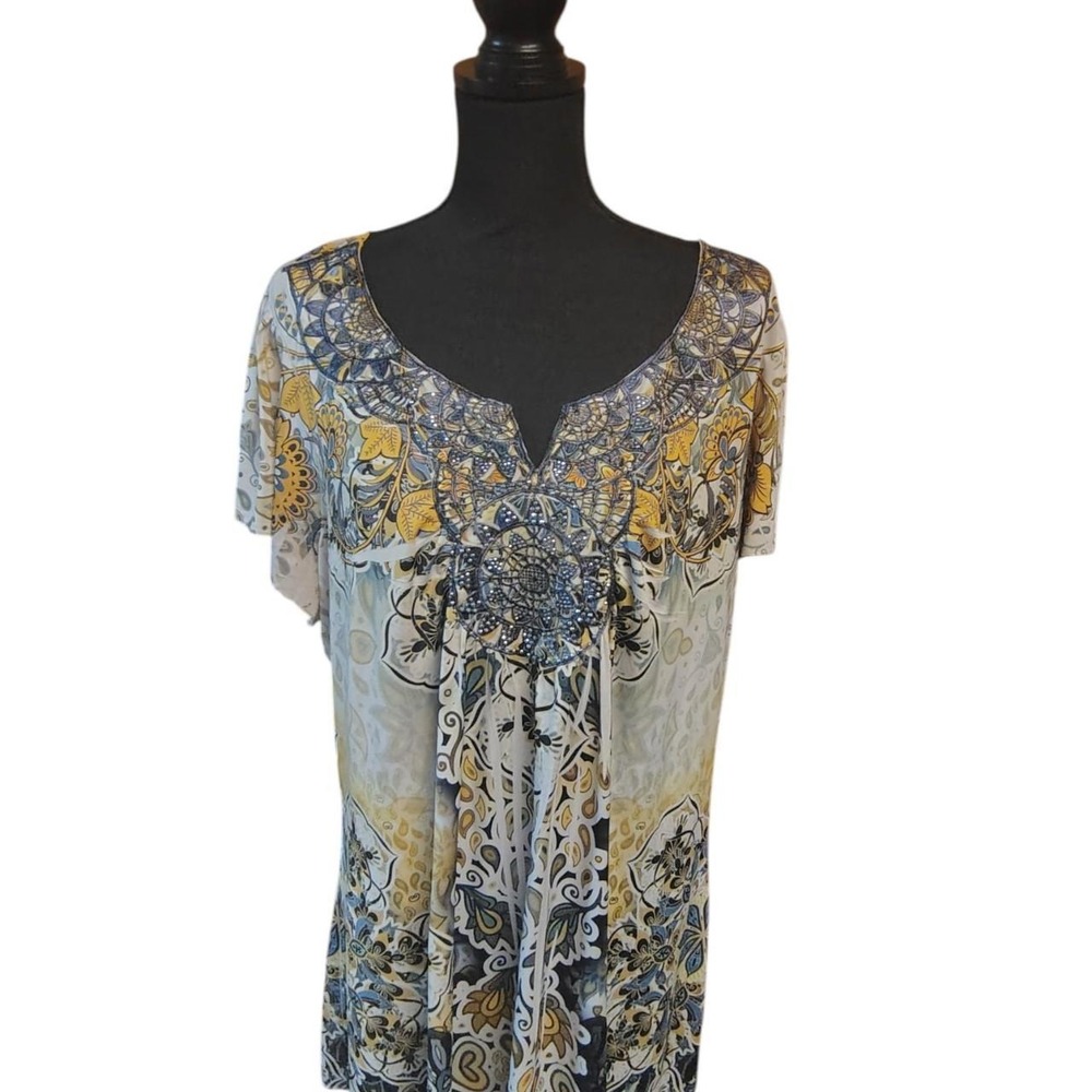Live and Let Live Boho Mandala Rhinestone Y2K Flowy Shirt Yellow Grey 2X